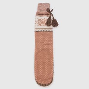 Warm and Comfy Sweater Muk Luks Rose Pink & Tan Knit Slipper Socks with Tassels